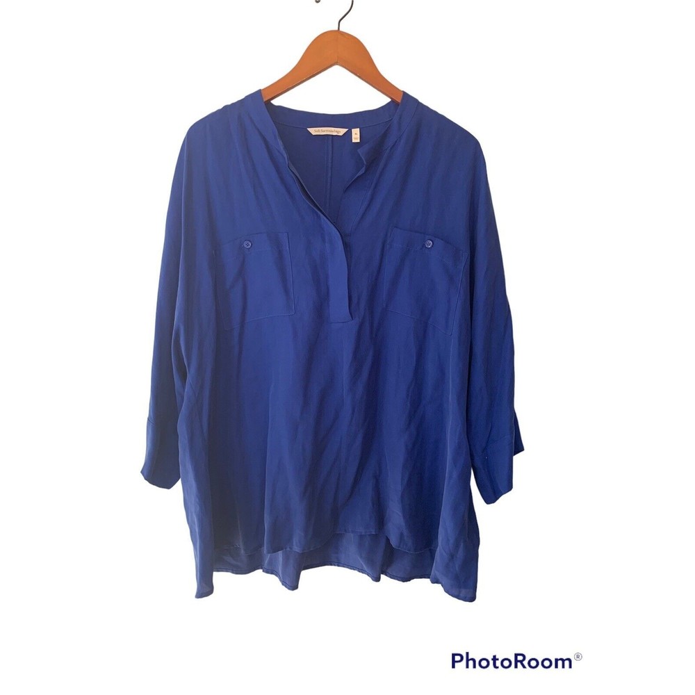Soft Surroundings Tunic XL Womens Roll Tab Sleeve Blue Flowy Blouse